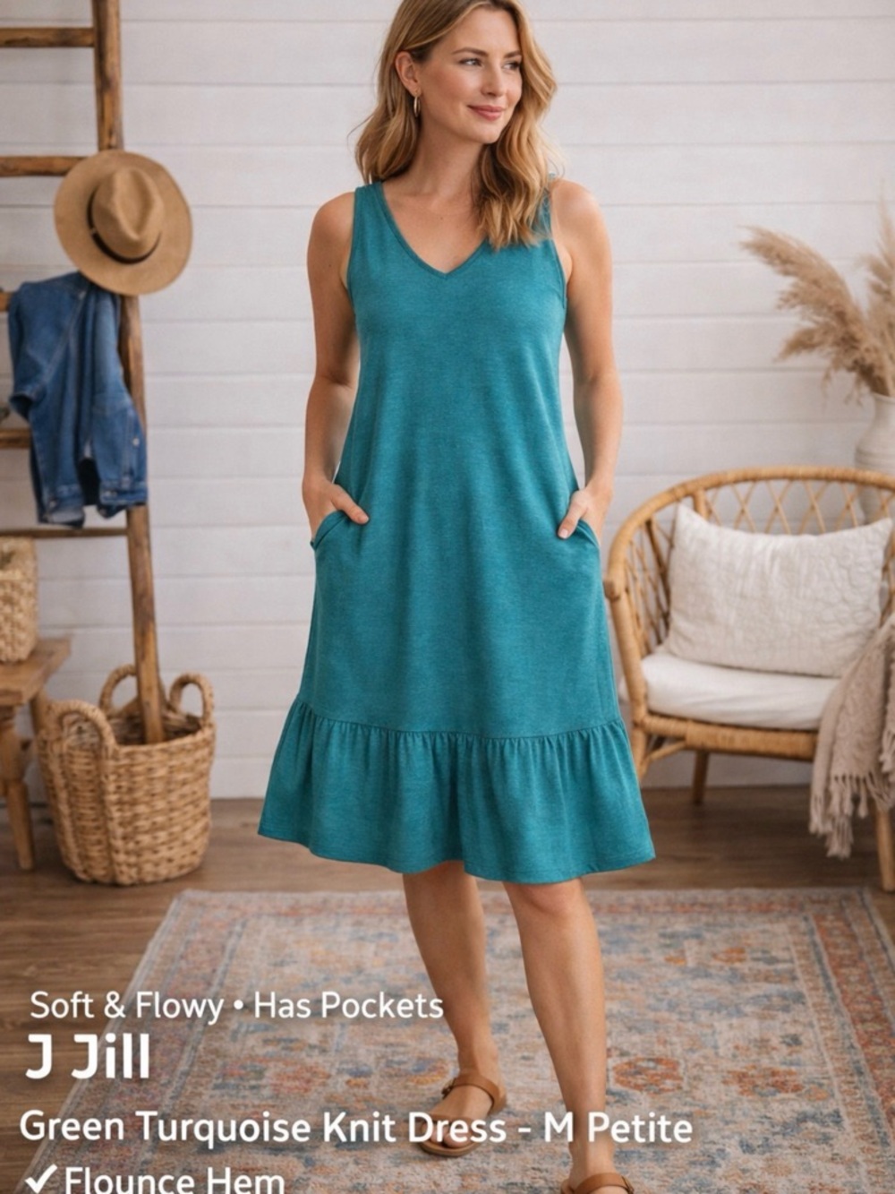 J Jill Teal Dress M Petite Flowy Pockets Soft Casual